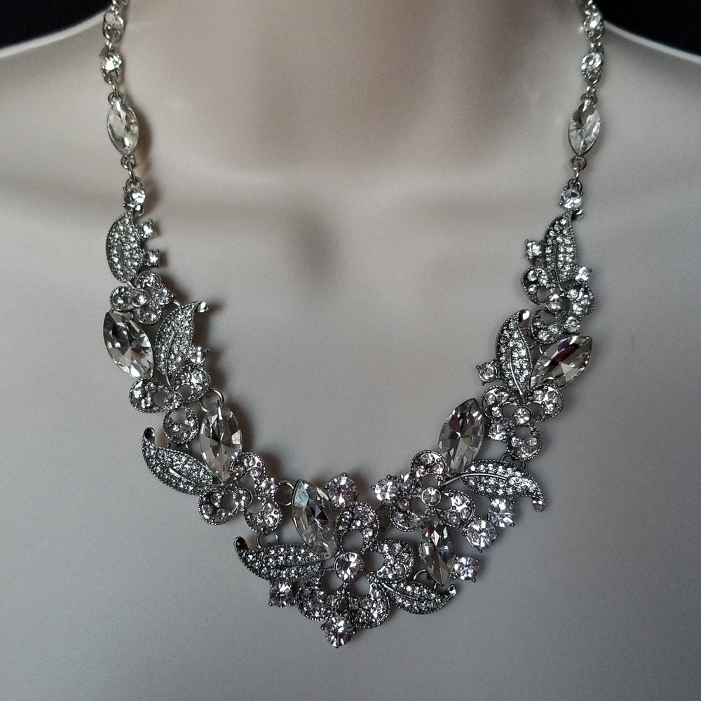 Silver Clear Prom Wedding Rhinestones crystal Necklace Earring Set 15" *